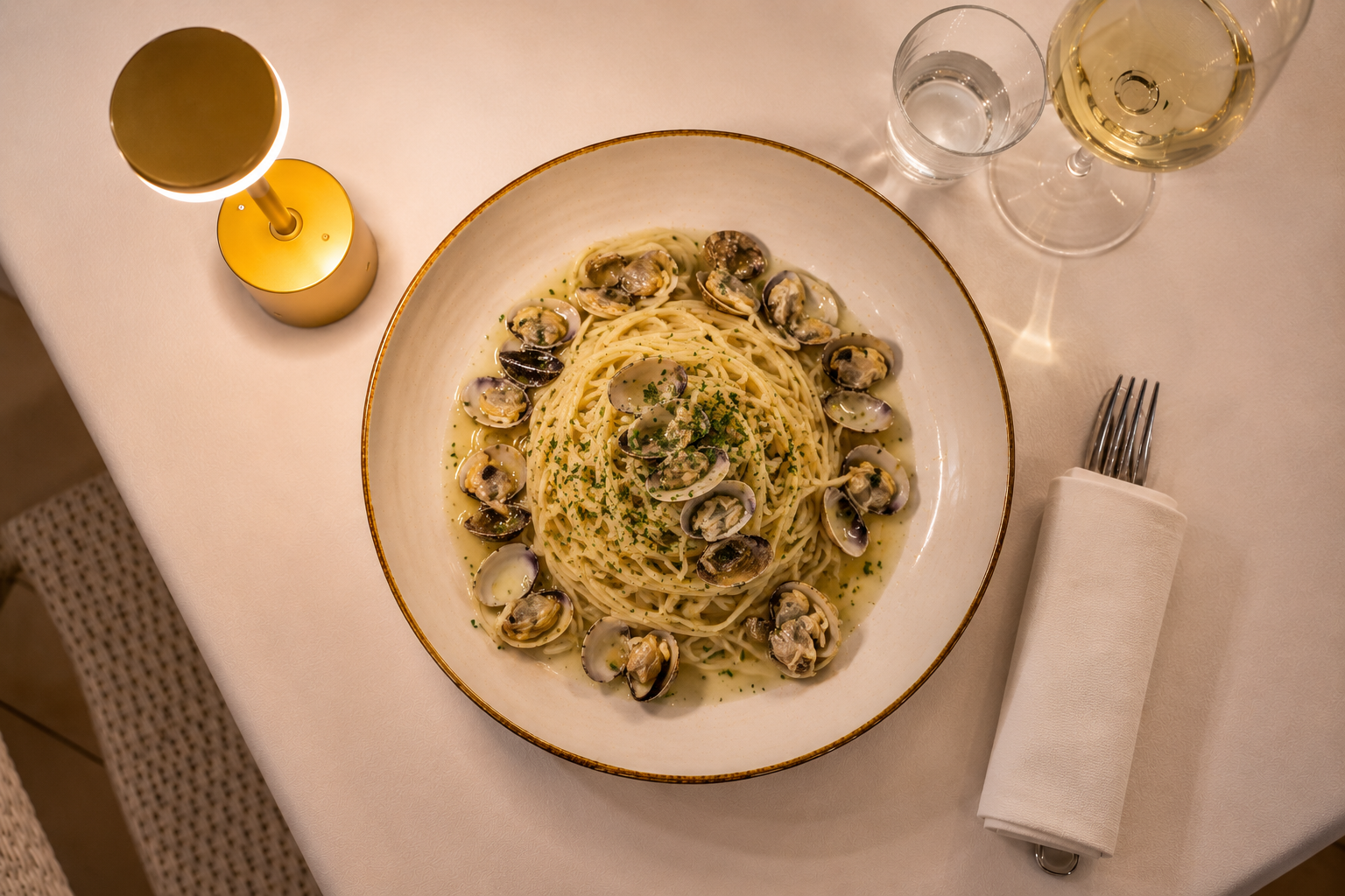 Spaghetto vongole servito in tavola